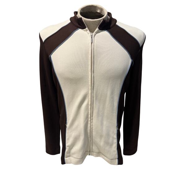 Fairway & Greene Men’s L Full Zip Track Jacket Brown Cream Blue Piping NWT - Picture 1 of 5